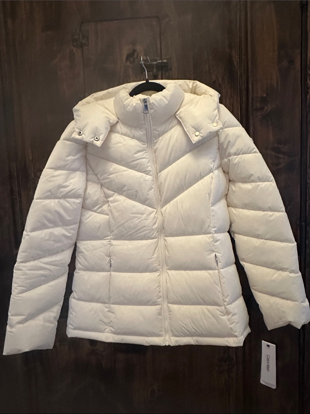 Calvin Klein Cream White Quilted Puffer Jacket with Stand Collar
